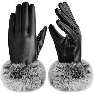 Women's Leather Gloves Black PU Leather Gloves Touchscreen Fur Cuff Warm Black